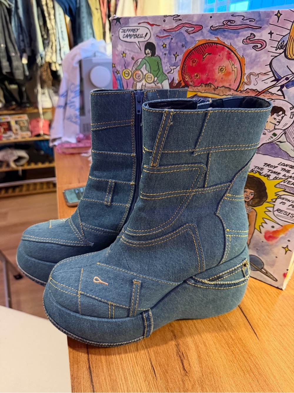 Jeffrey Campbell Denim Paneled Platform Ankle Boots in Blue
